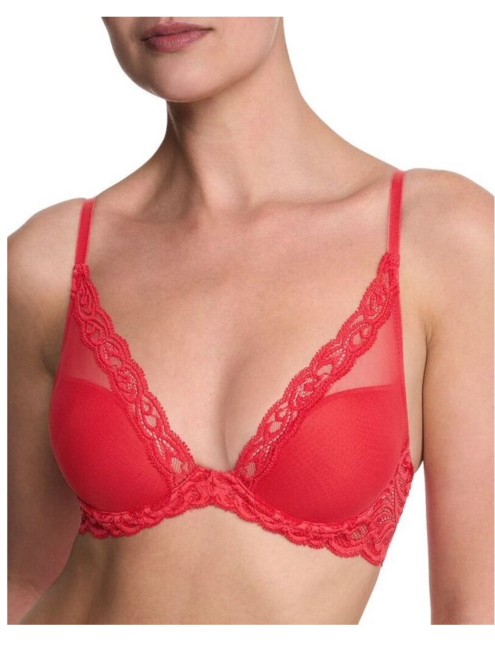 Natori Feathers Plunge T-Shirt Bra Red 32DDD NWOT Lace Underwire